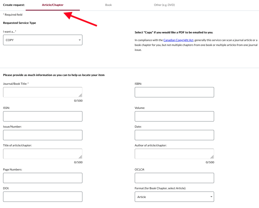Create a request for an article or chapter and fill in all the details