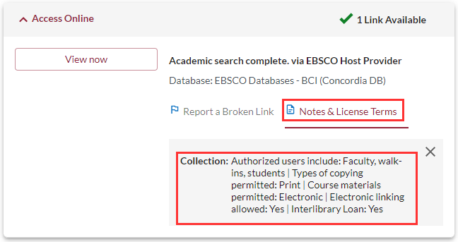 licensing information for databases in the Sofia Discovery tool